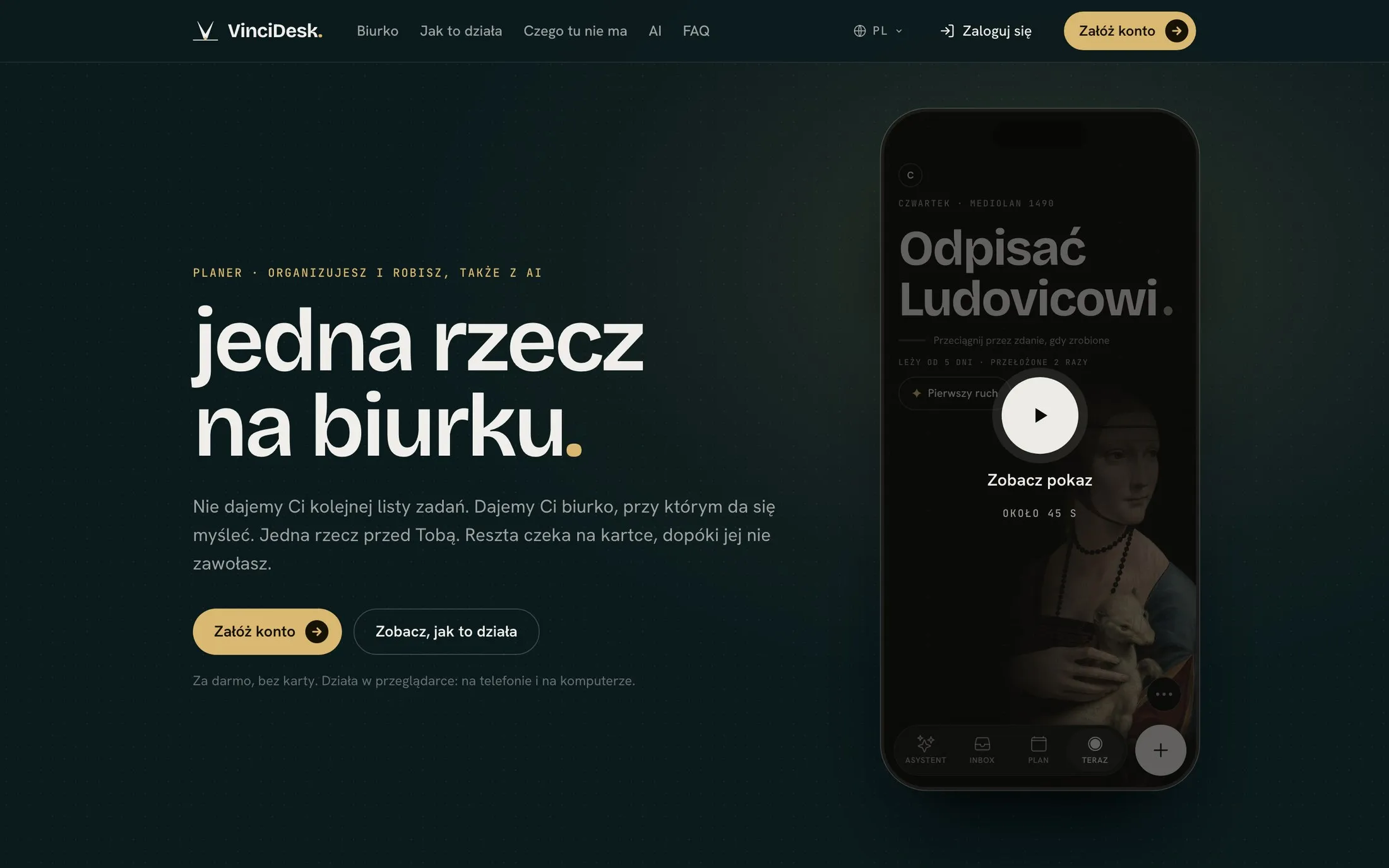 Strona produktu: hasło „jedna rzecz na biurku.” i telefon z ekranem Teraz